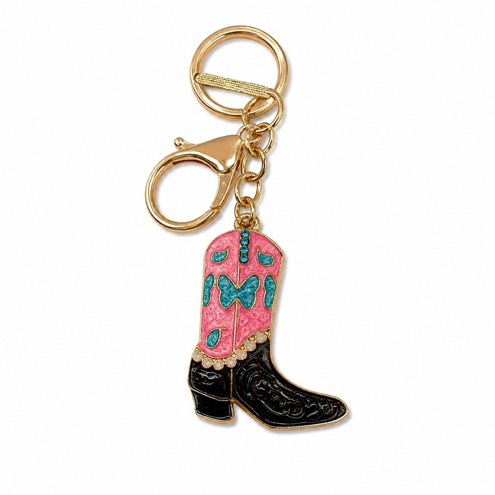 New Nicole Cowboy Boot Key Chain Pink Butterfly Rhinestone Western Dolly Parton